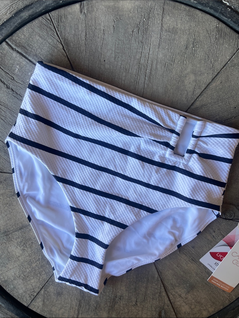 CALIA by Carrie Underwood White and Navy Striped High-Waist Bikini Bottoms